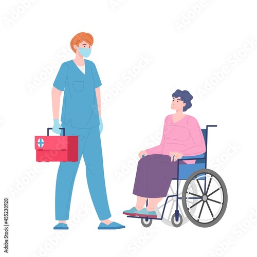 Medical ambulance for an elderly woman in a wheelchair, vector illustration. Medicine help for aged retirees and handicapped people.