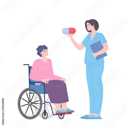 Nurse care about elderly disabled patient, gives the medicine to the patient. Social worker and old woman person on wheelchair. Medicine help for aged retirees and handicapped people.
