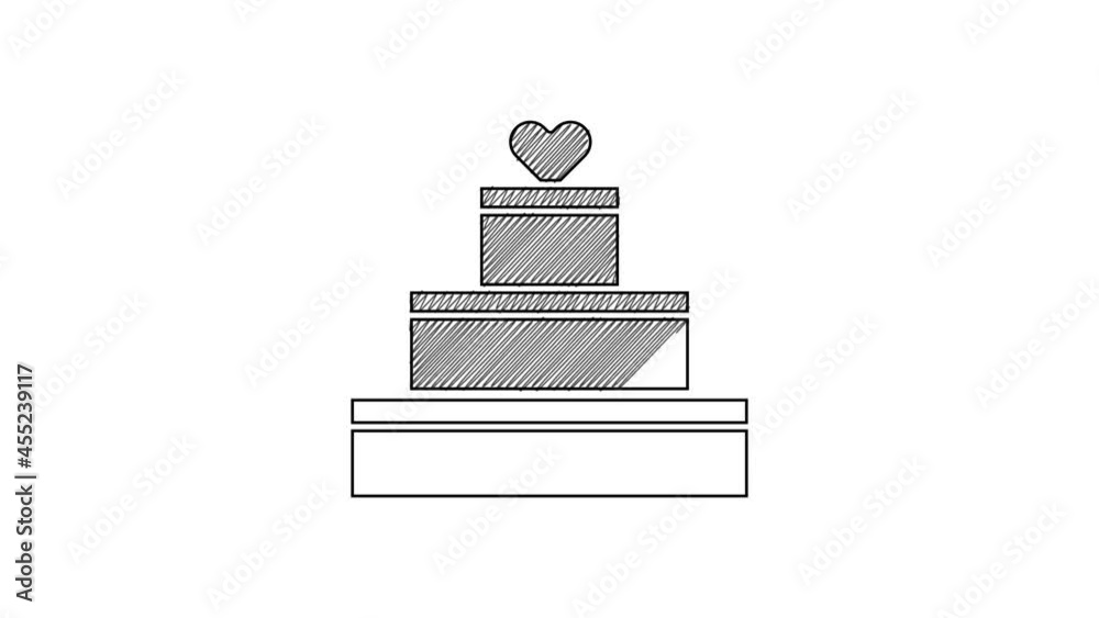 Black line Wedding cake with heart icon isolated on white background. Valentines day symbol. 4K Video motion graphic animation Black line Wedding cake with heart icon isolated on white background. Valentines day symbol. 4K Video motion graphic animation