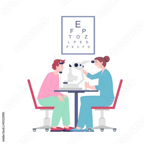 Ophthalmologist doctor examining eyesight vision of patient, oculist checkup visual acuity man. Eyes test procedure in hospital, vector illustration. photo