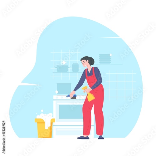Housemaid washes kitchen with rag and detergent. Housekeeper Cleaning service. Vector illustration in cartoon style.