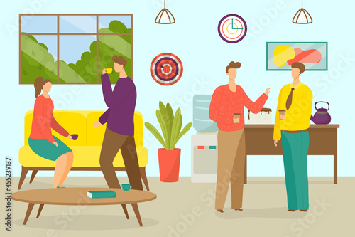 Recreation in office, vector illustration. Flat man woman worker character have break, people drink coffee at couch. Business person conversation
