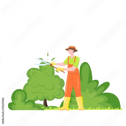 Gardener trim bushes and trees with pruner. Garden maintenance vector illustration
