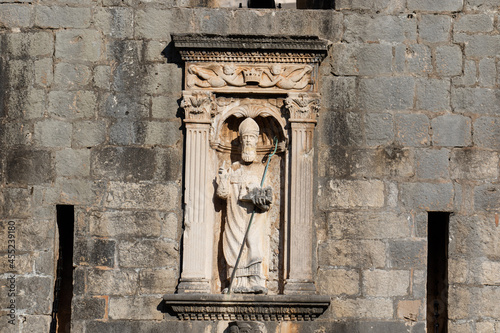 Sculpture of Saint Vlaho (Blaise), patron saint of the city of Dubrovnik, above the city gate of Pile in Dubrovnik, Croatia