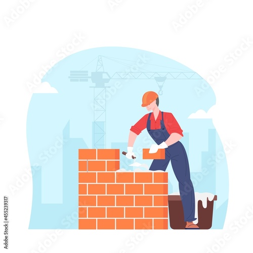 Builder puts brick wall. Bricklayer on construction site vector illustration.