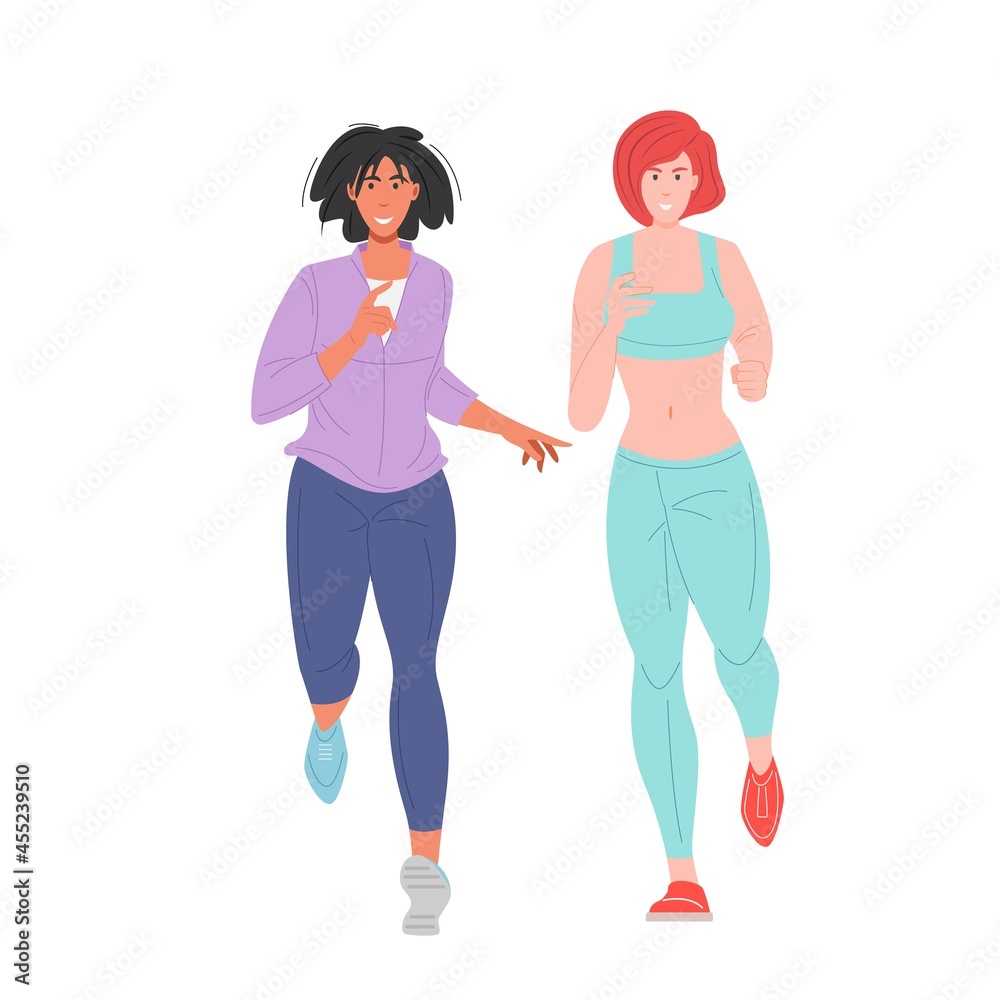 Fototapeta premium Women in sportswear running. Female friends jogging together, warm up before training. Sport activity, healthy lifestyle. Flat vector cartoon illustration.