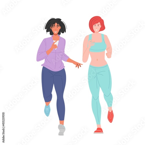 Women in sportswear running. Female friends jogging together, warm up before training. Sport activity, healthy lifestyle. Flat vector cartoon illustration.