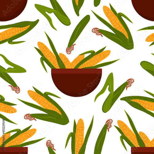 Autumn corn harvest seamless pattern. Cartoon vector background of yellow corn cobs with foliage and bowl