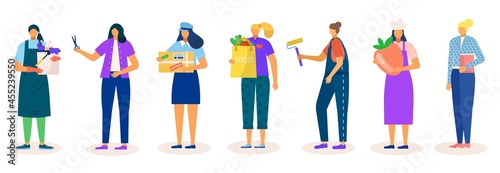 Profession for woman set, isolated on white vector illustration. Flat cleaner worker, hairdresser person, postman and happy adult volunteer