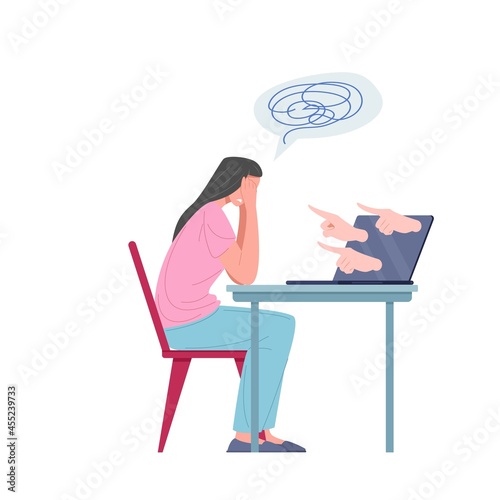 Cyber bullying concept. Sad woman upset over the internet pressure. Fingers from the screen blame user. Flat cartoon character vector illustration.
