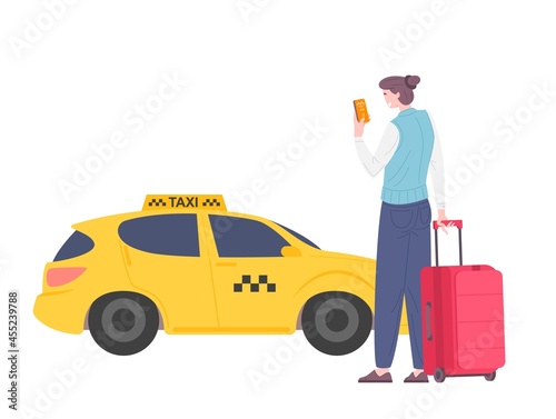 Man order taxi through app. Tourists man with luggage waiting for a taxi. Flat vector illustration.