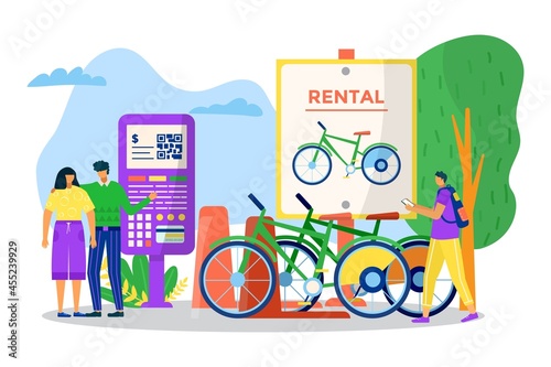 Bicycle transport rent, vector illustration. Rental vehicle for city street travel, man woman people character take bike for urban ride.