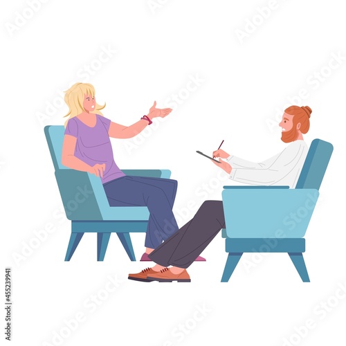 Female patient and man psychologist, psychoanalyst or psychotherapist sitting in armchairs in front of each other and talking. Psychotherapeutic session, psychiatric aid. Flat vector illustration.