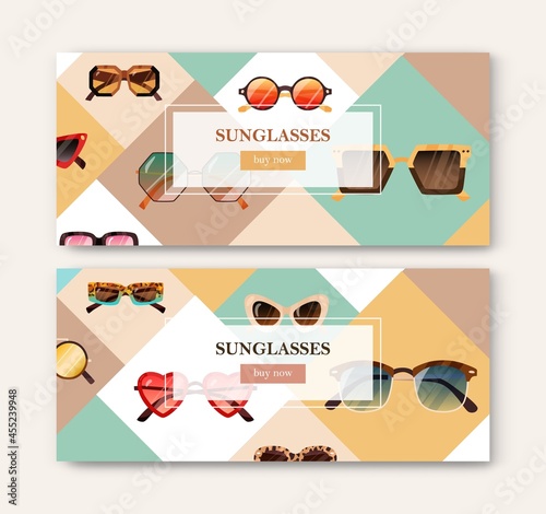 Promotion banner design with modern sunglasses. Horizontal background with tr...