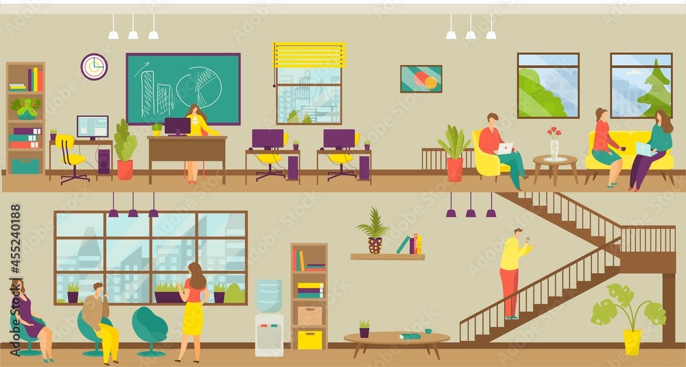 Business workplace, team office, vector illustration. Man woman people character at corporate job, coworking space set. Company teamwork