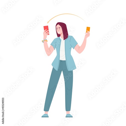 Woman paying by credit card for a purchase or service using a mobile app or replenishes the account. Girl holding phone and credit card. Flat vector illustration.
