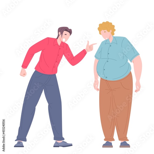 Social bullying concept between office workers, men. Vector illustration in flat style of male worker get bullied by his office mate.