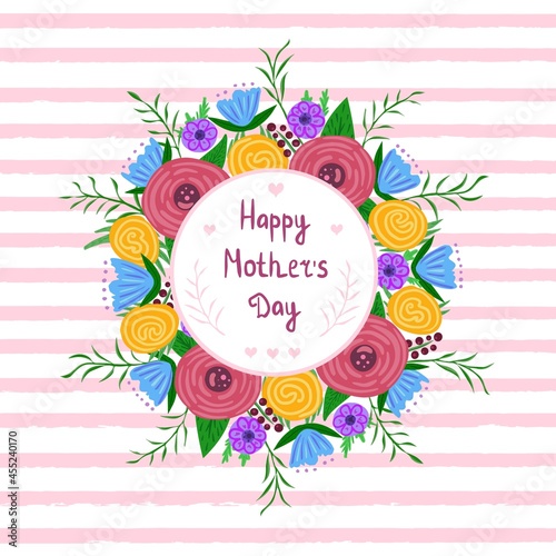 flower wreath with Mother's Day vector. Illustration for printing, backgrounds, wallpapers, covers, packaging, greeting cards, posters, stickers, textile, seasonal design. Isolated on white background