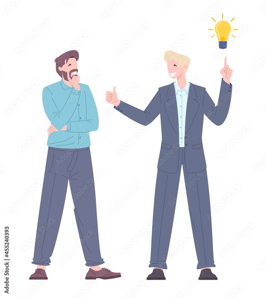 Idea search concept. Young man found a solution to the issue. Office workers discussing the work process. Flat vector illustration. Idea search concept. Young man found a solution to the issue. Office workers discussing the work process. Flat vector illustration.
