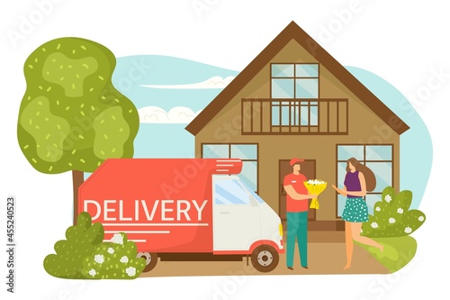 Delivery service, vector illustration. Man courier character in uniform bring flowers to woman, beautiful flat bouquet present. Company truck