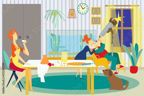 Family at home, vector illustration. Grandfather character look at telescope equipment with child girl, mother drink tea cup at table.