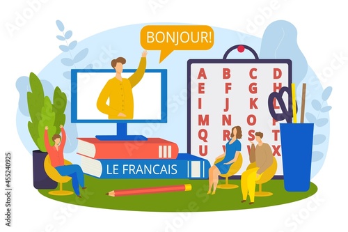 Student learn french online, vector illustration. Study knowledge by internet technology, communication and computer. Happy man woman character