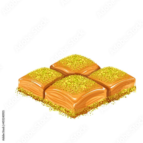 Turkish desserts pistachio baklava vector illustration.