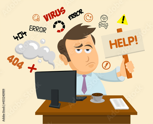 Overworked angry businessman sits at the table and shows a sign. Computer problem concept.