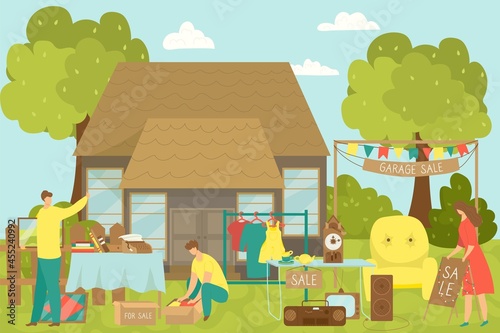 Garage sale, vector illustration. Flat people character sell goods near home, second hand shop and flea market at house backyard.