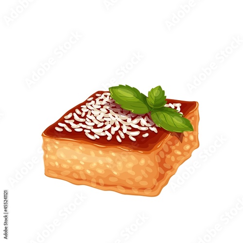 Revani traditional turkish dessert, Turkish cuisine cake vector illustration.