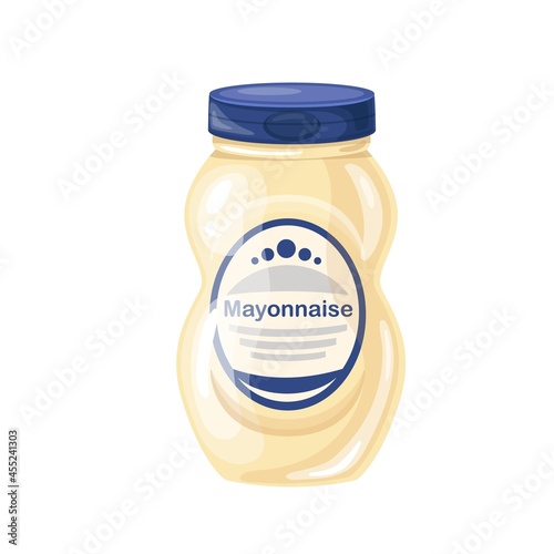 Mayonnaise in jar. Colored illustration in cartoon style.