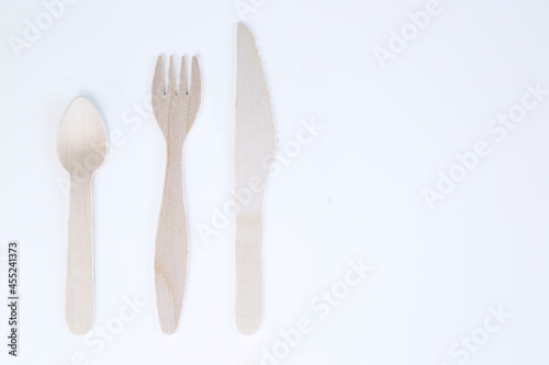 Eco friendly bamboo cutlery set on white background. Zero waste concept.