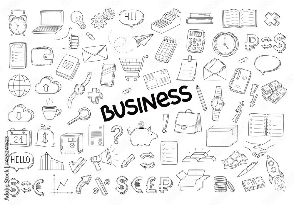 A large collection of linear decorative elements. The symbols are Business, startup, bank, currency, money. Hand-drawn black and white vector illustration. Isolated on a white background. A large collection of linear decorative elements. The symbols are Business, startup, bank, currency, money. Hand-drawn black and white vector illustration. Isolated on a white background.