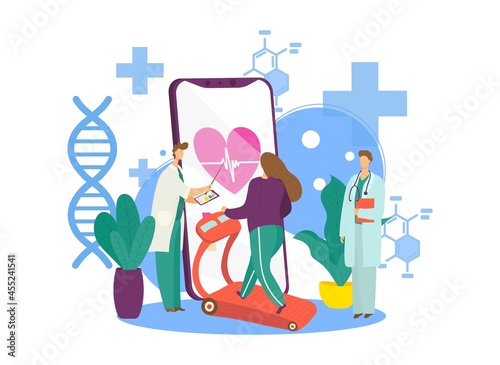 Medicine support for healthy sport, vector illustration. Woman character run at training equipment, doctor watch sportsman for medical prevention.