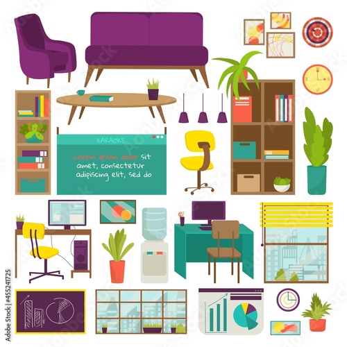 Furniture for office set, vector illustration. Chair, table, work desk design...