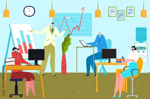 Business people work in office, vector illustration. Flat man woman charcater team use computer, company teamwork with analytic graph.