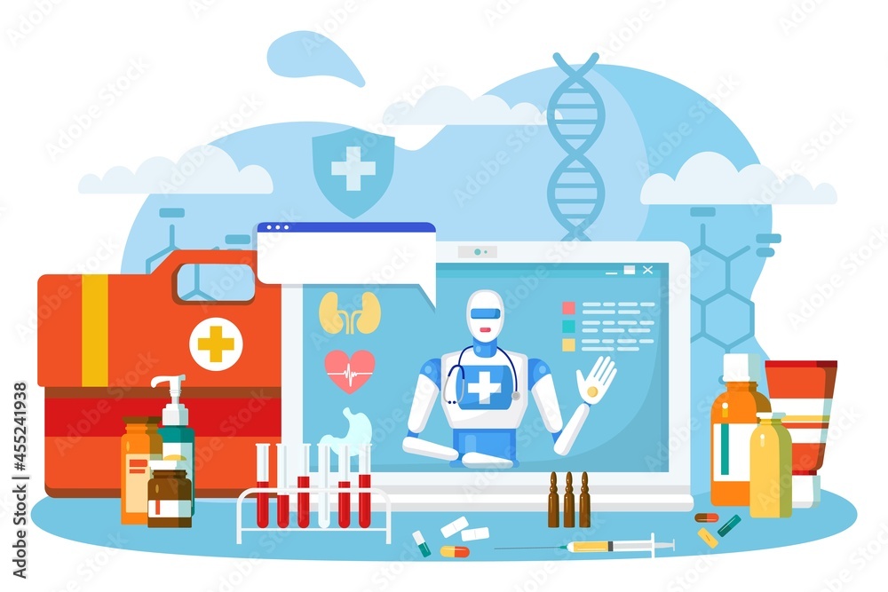 Online robot doctor, vector illustration. Medical care by hospital service, artificial mind technology help patient in internet. Flat medicine