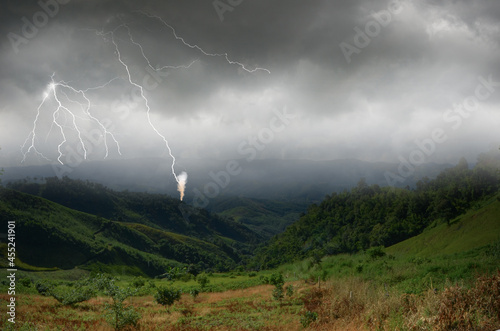 Dangerous lightning storm over the mountains in Asia