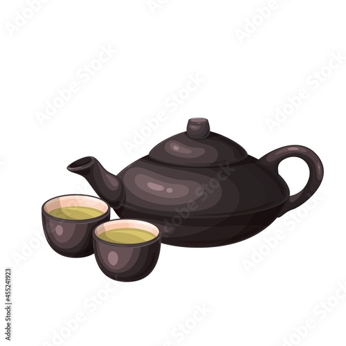 Chinese or Japanese teapot and teacups. Teapot and teacups , Chinese, Japanese tea ceremony vector illustration.