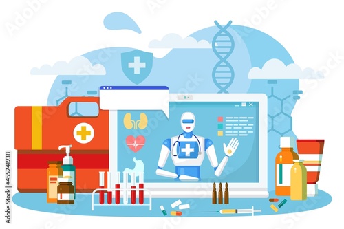 Online robot doctor, vector illustration. Medical care by hospital service, artificial mind technology help patient in internet. Flat medicine