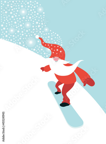 Christmas card. Christmas Gnome snowboarding. Winter sport