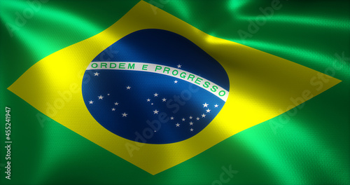 Brazil Flag, Brazilian Flag with waving folds, close up view, 3D rendering