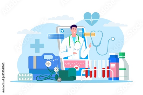 Online doctor service, vector illustration. Clinic medical care from smartphone, mobile application with man physician character.