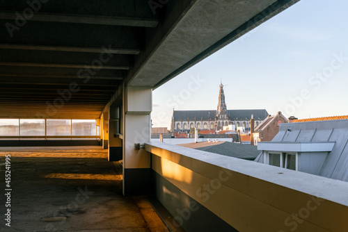 View at the Grote- of Sint Bavokerk from parking garage De Kamp. Haarlem. 