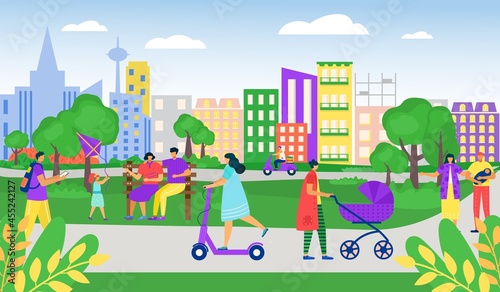 Fototapeta Naklejka Na Ścianę i Meble -  People at outdoor park, vector illustration. Man woman character at city nature, summer lifestyle for young person. Family walk together