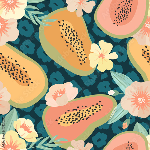 Patterns of papaya and flowers. Modern exotic design for paper, cover, fabric, interior decor, and other users.Seamless hand-drawn papaya. Dark blue leopard background.Pink, green, and golden flowers