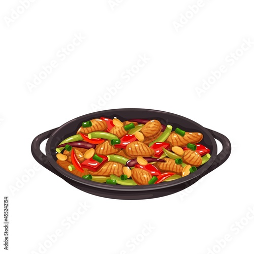 Chicken kung pao. Chinese cuisine icon. Asian food vector illustration.