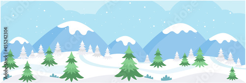 Horizontal banner with winter snowy mountains landscape. Pines on the background of mountains and hills. Winter scene. Christmas background. Vector illustration in flat cartoon style.