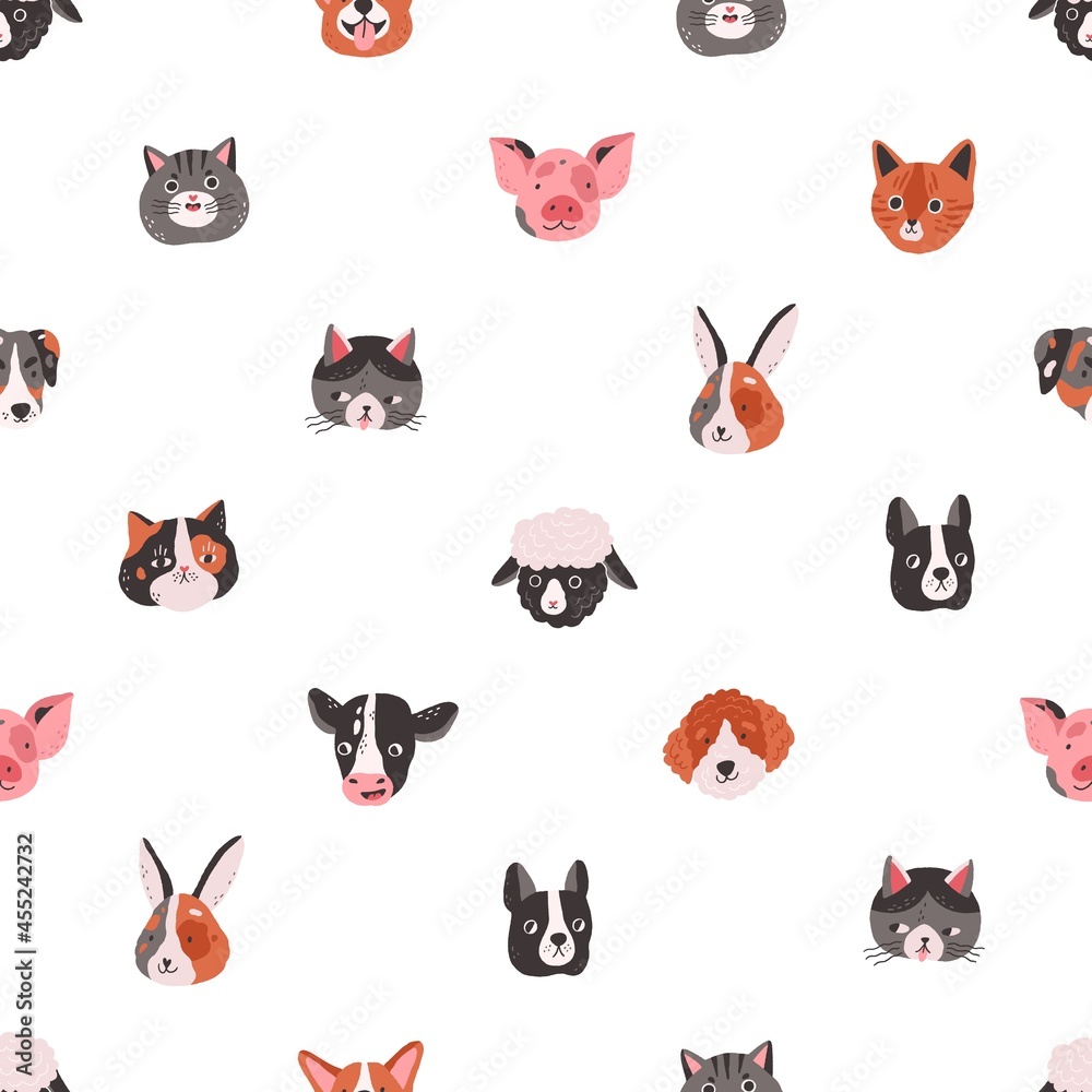Seamless childish pattern with cute animal faces on white background. Repeating texture with funny amusing heads, muzzles of pets, cats, dogs, cows, pigs and bunnies. Colored flat vector illustration