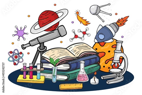 Science book about space, vector illustration. Cartoon education concept with rocket, planet, star and hand drawn satellite. Creative design